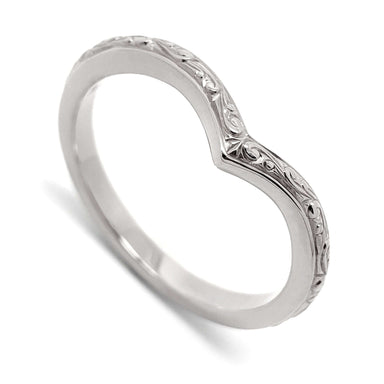 14kt white gold chevron wedding ring with hand engraving, shown on white background