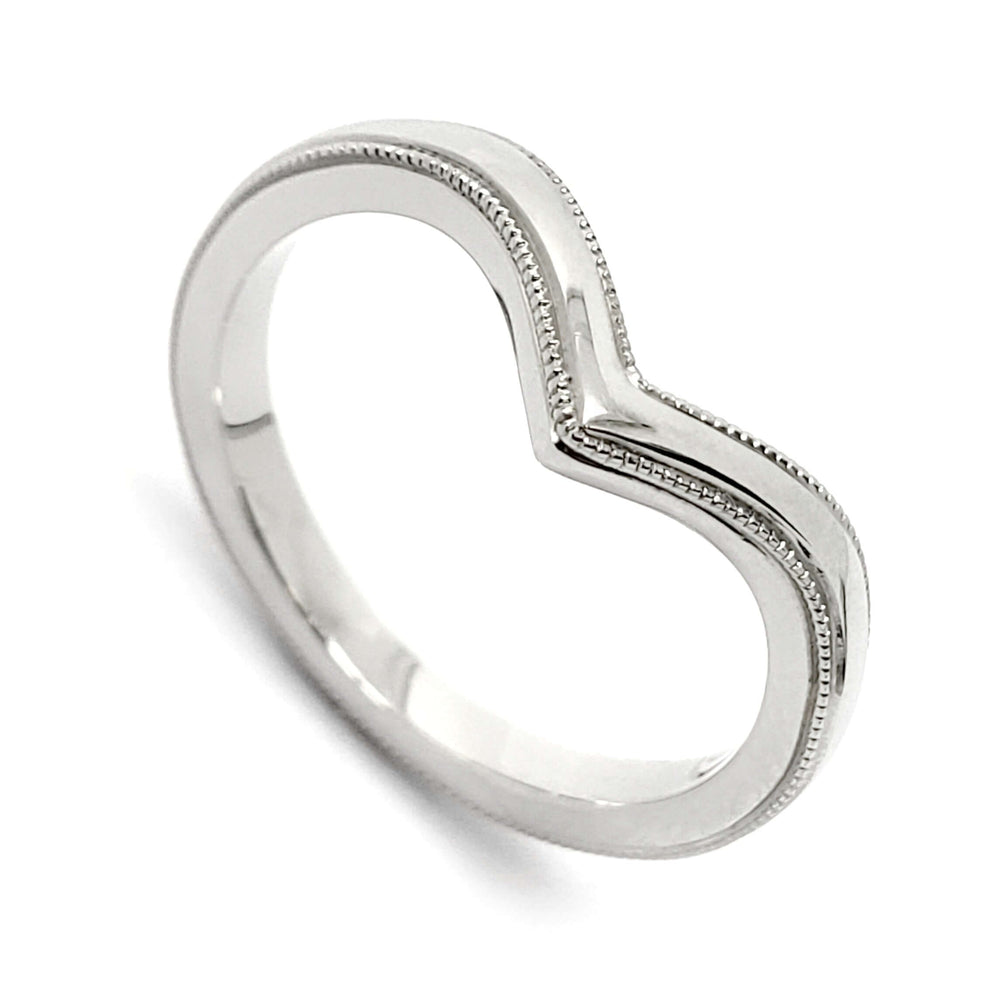 14kt white gold chevron wedding ring with millgrain detail, angled view