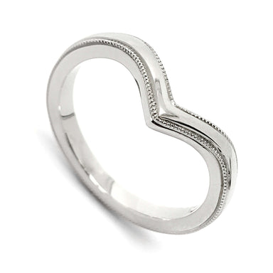 14kt white gold chevron wedding ring with millgrain detail, angled view