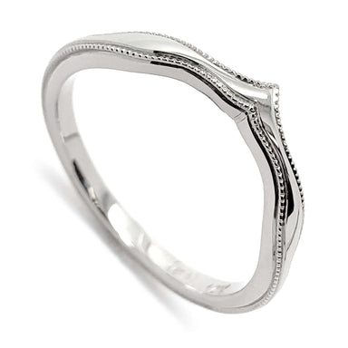 14kt white gold chevron wedding ring with millgrain detail, angled view