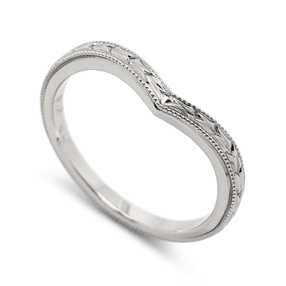 14kt white gold chevron wedding ring with wheat engraving and millgrain detailing