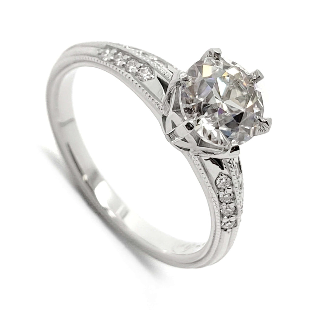 14kt white gold engagement ring with Old European cut moissanite and pave Canadian diamonds