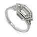 14kt white gold engagement ring with elongated hexagon lab diamond and milgrain detail
