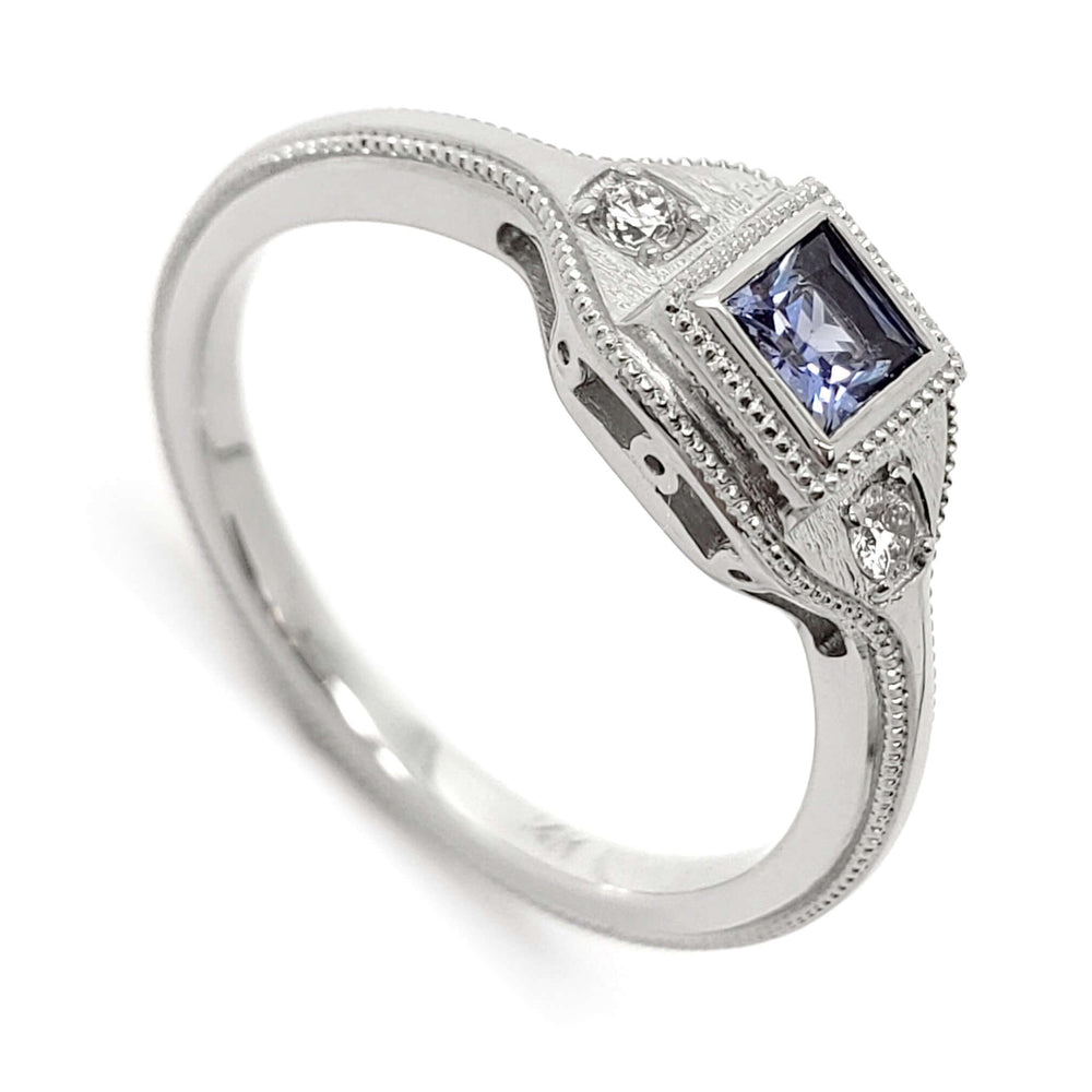 14kt white gold engagement ring with princess cut lavender sapphire and lab diamonds, millgrain detail