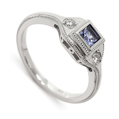 14kt white gold engagement ring with princess cut lavender sapphire and lab diamonds, millgrain detail