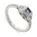 14kt white gold engagement ring with princess cut lavender sapphire and lab diamonds, millgrain detail