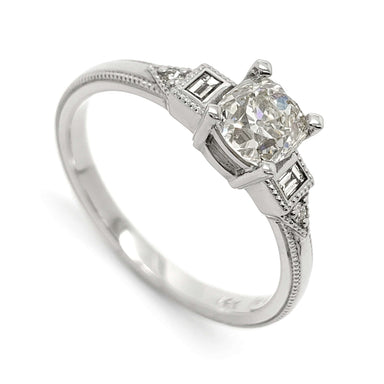 14kt white gold engagement ring with old mine cut antique diamond and baguette accents