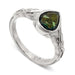 14kt white gold engagement ring with pear rose cut green sapphire and millgrain detail