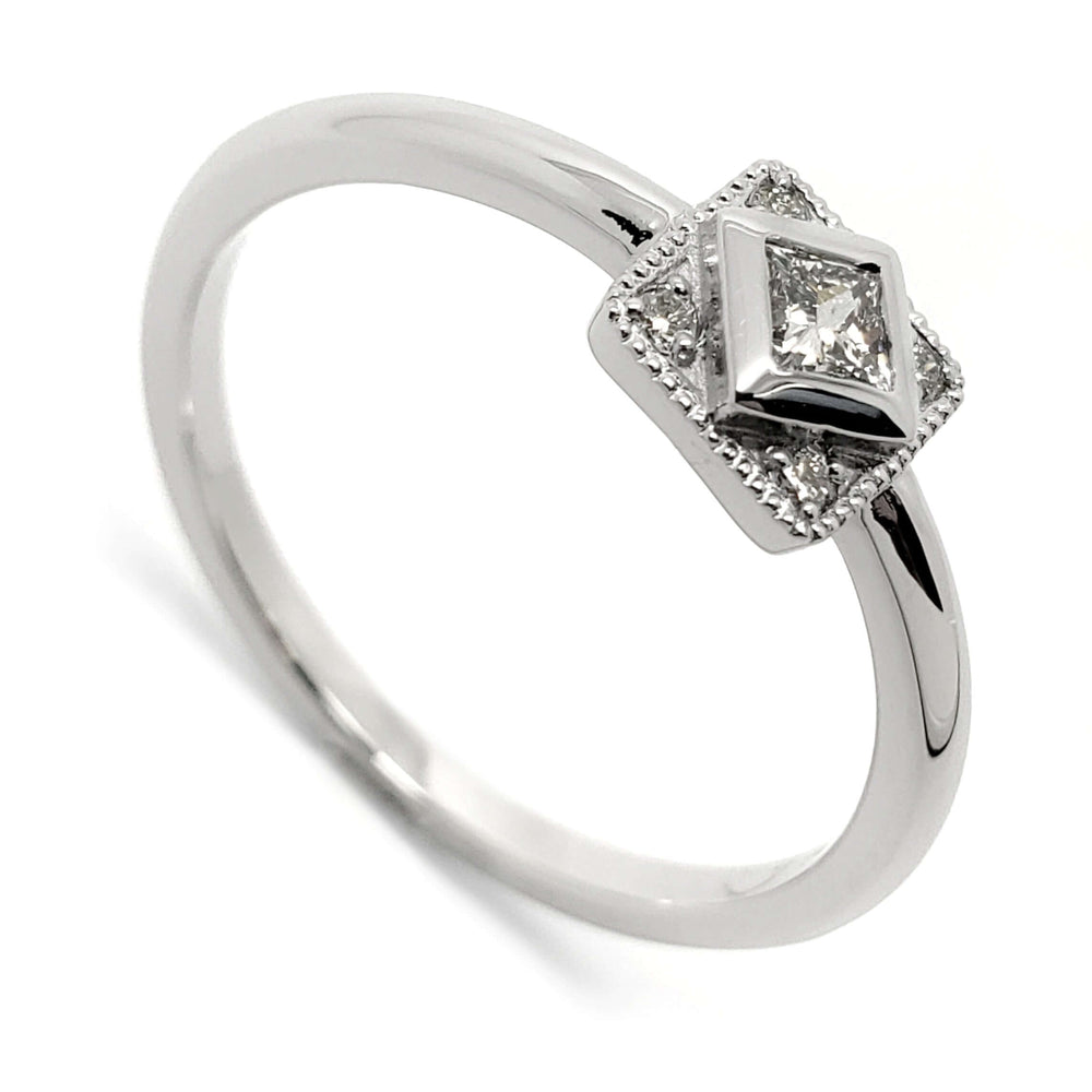 14kt white gold engagement ring with a princess cut lab diamond and millgrain detail