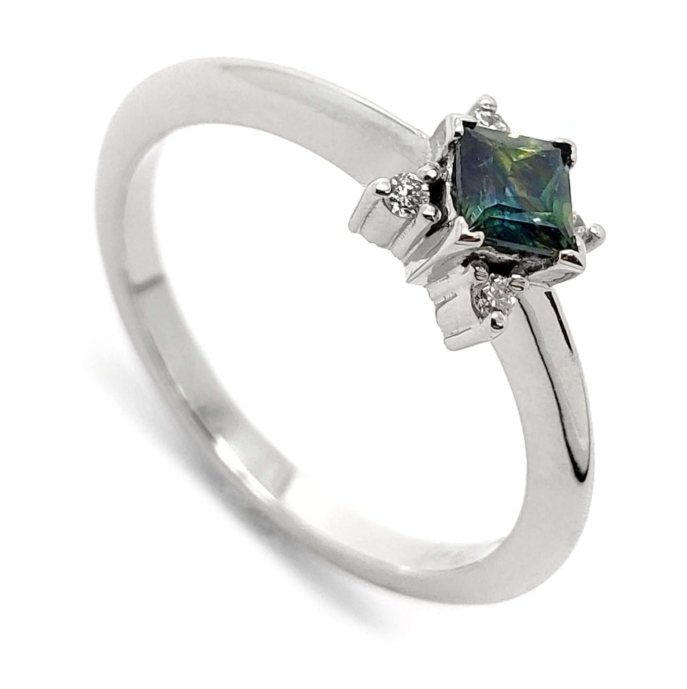 14kt white gold engagement ring with princess cut teal sapphire and lab diamonds