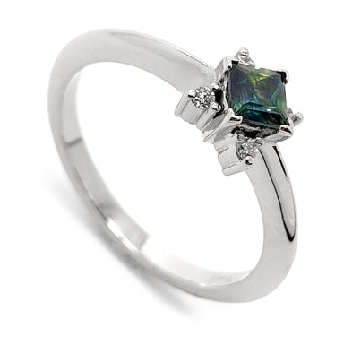 14kt white gold engagement ring with princess cut teal sapphire and lab diamonds