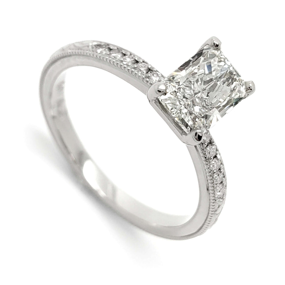 14kt white gold engagement ring with radiant cut lab diamond and pave-set band