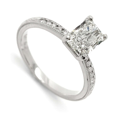 14kt white gold engagement ring with radiant cut lab diamond and pave-set band