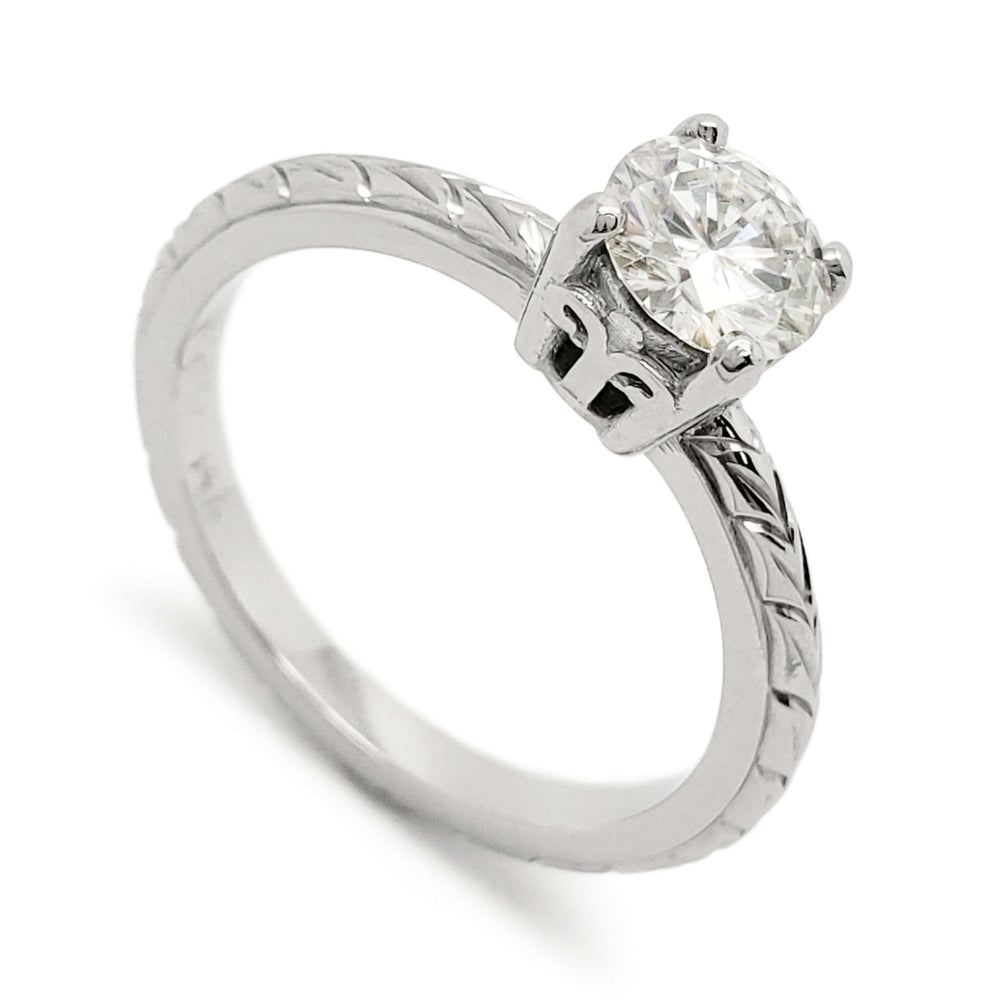 14kt white gold engagement ring with round moissanite and engraved wheat pattern