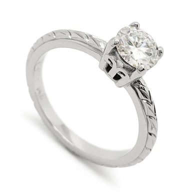14kt white gold engagement ring with round moissanite and engraved wheat pattern