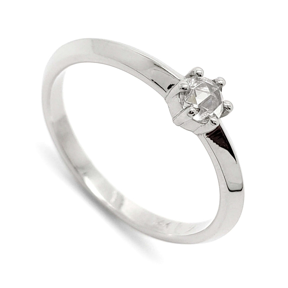 14kt white gold engagement ring with round rose cut diamond in hexagon setting