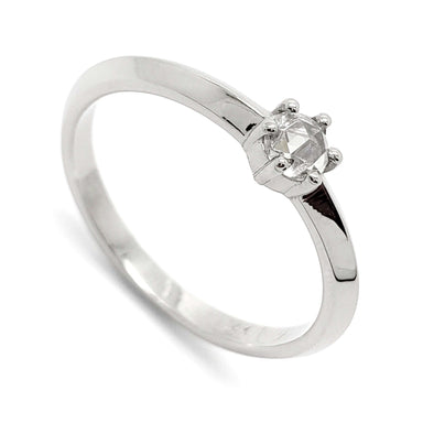 14kt white gold engagement ring with round rose cut diamond in hexagon setting