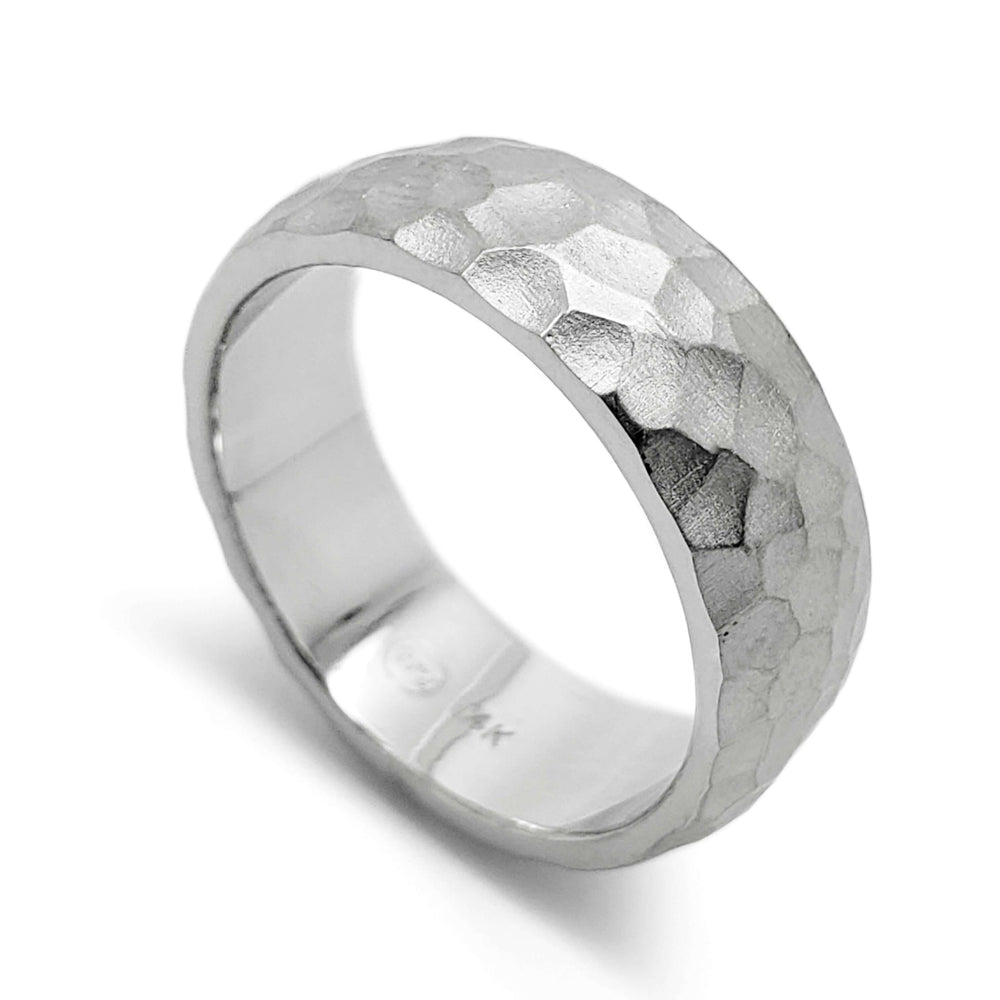 14kt white gold hammered texture wedding ring with brushed finish