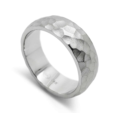 14kt white gold hammered texture wedding ring with brushed finish