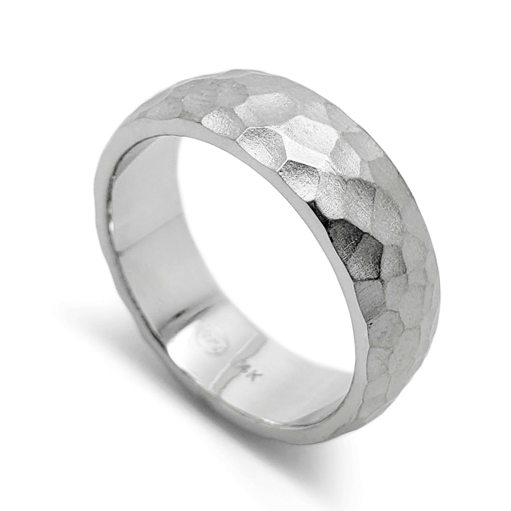 14kt white gold hammered texture wedding ring with low dome profile