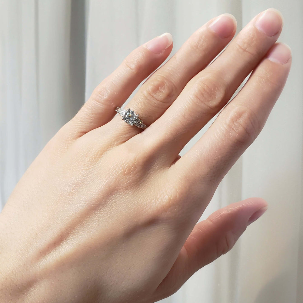 14kt white gold lab diamond engagement ring worn on hand