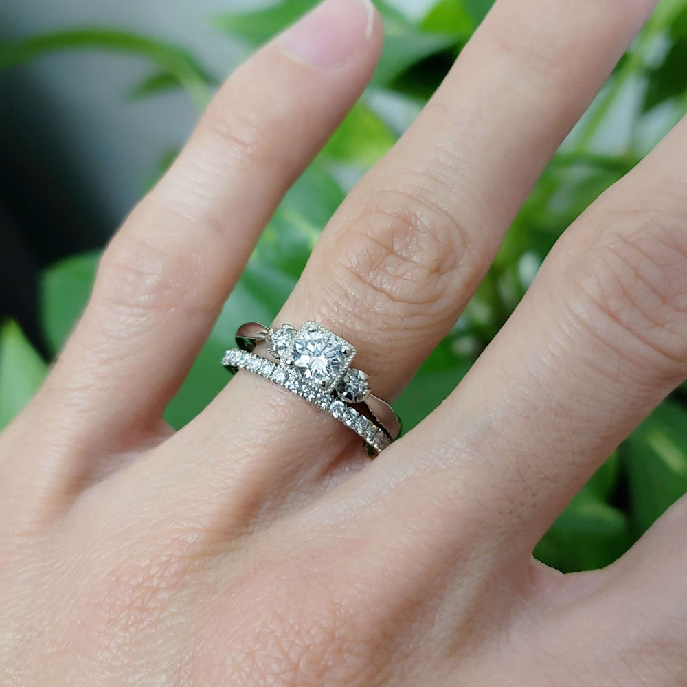 14kt white gold lab diamond pave wedding ring stacked with engagement ring