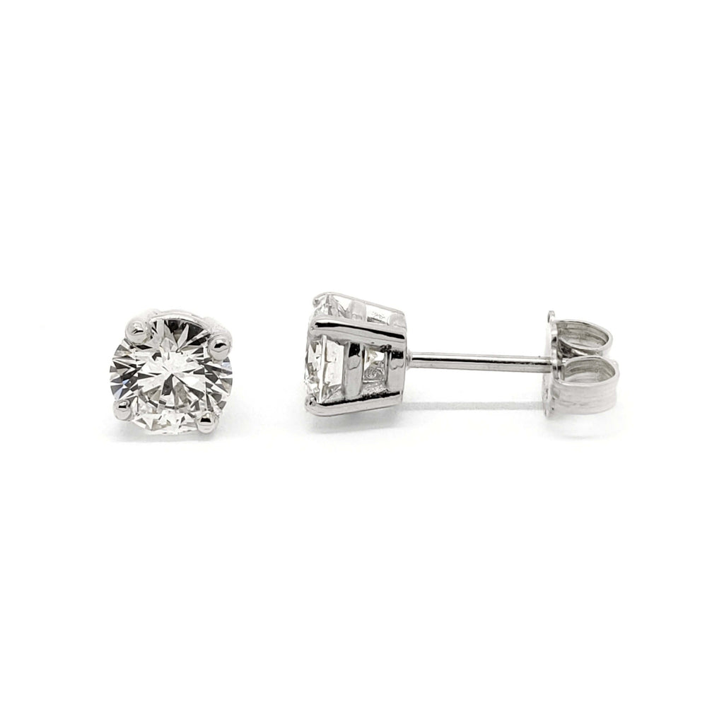 Round brilliant lab diamond stud earrings in 14kt white gold, side and front views