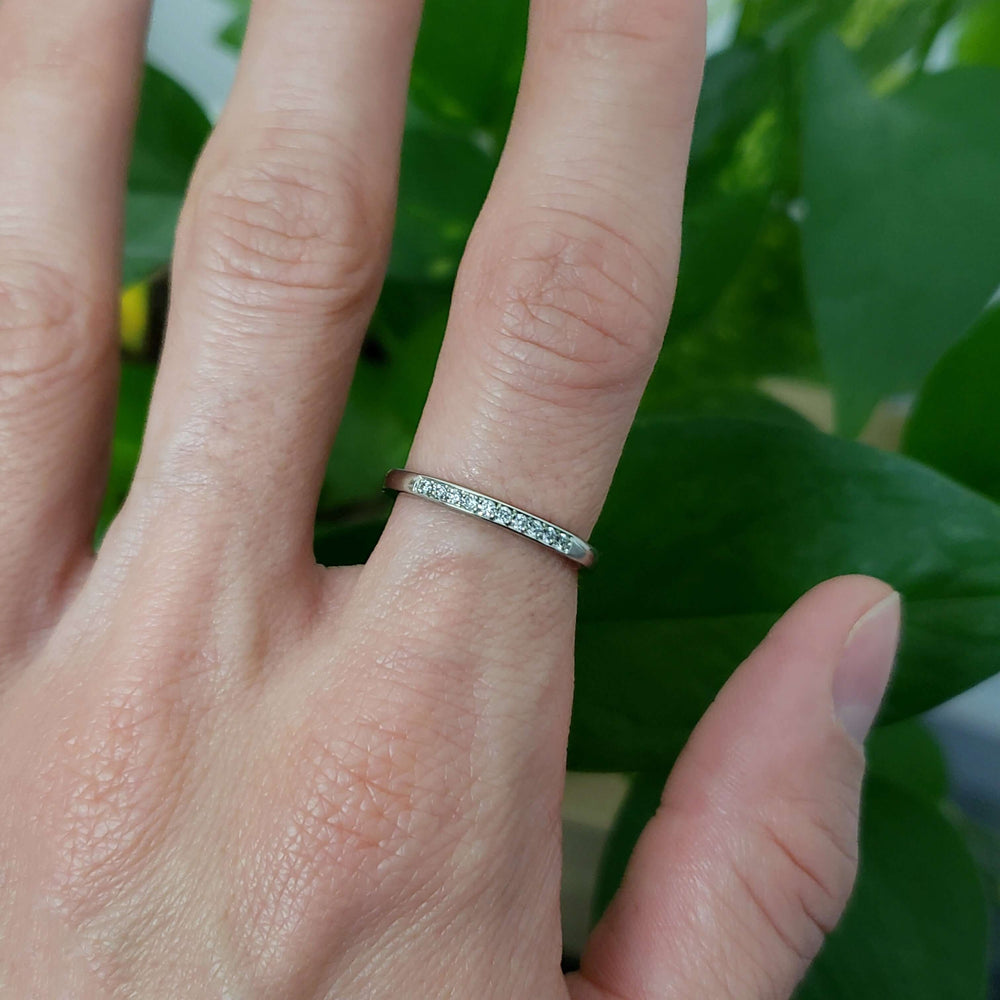 14kt white gold lab diamond wedding ring worn on hand