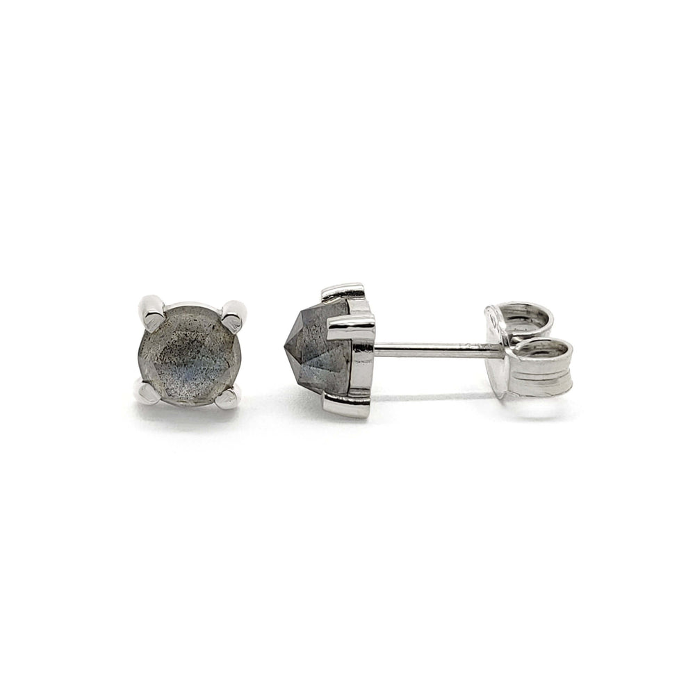 Round rose cut labradorite stud earrings in 14kt white gold