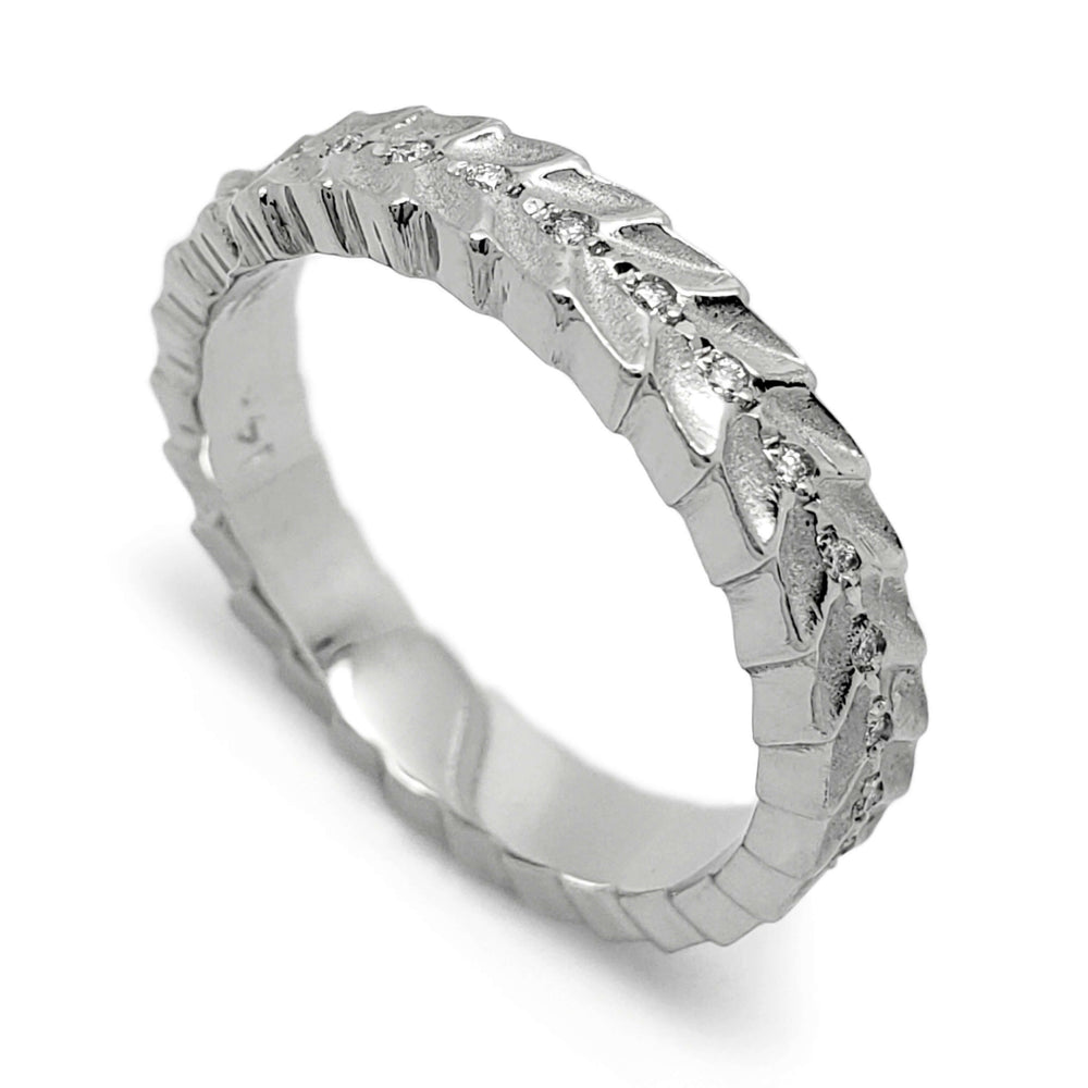 14kt white gold leafy wedding ring with Canadian diamonds, angled view