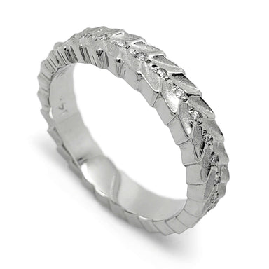 14kt white gold leafy wedding ring with Canadian diamonds, angled view