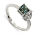 14kt white gold moi et toi ring with teal Australian sapphire and pear lab diamond, angled view