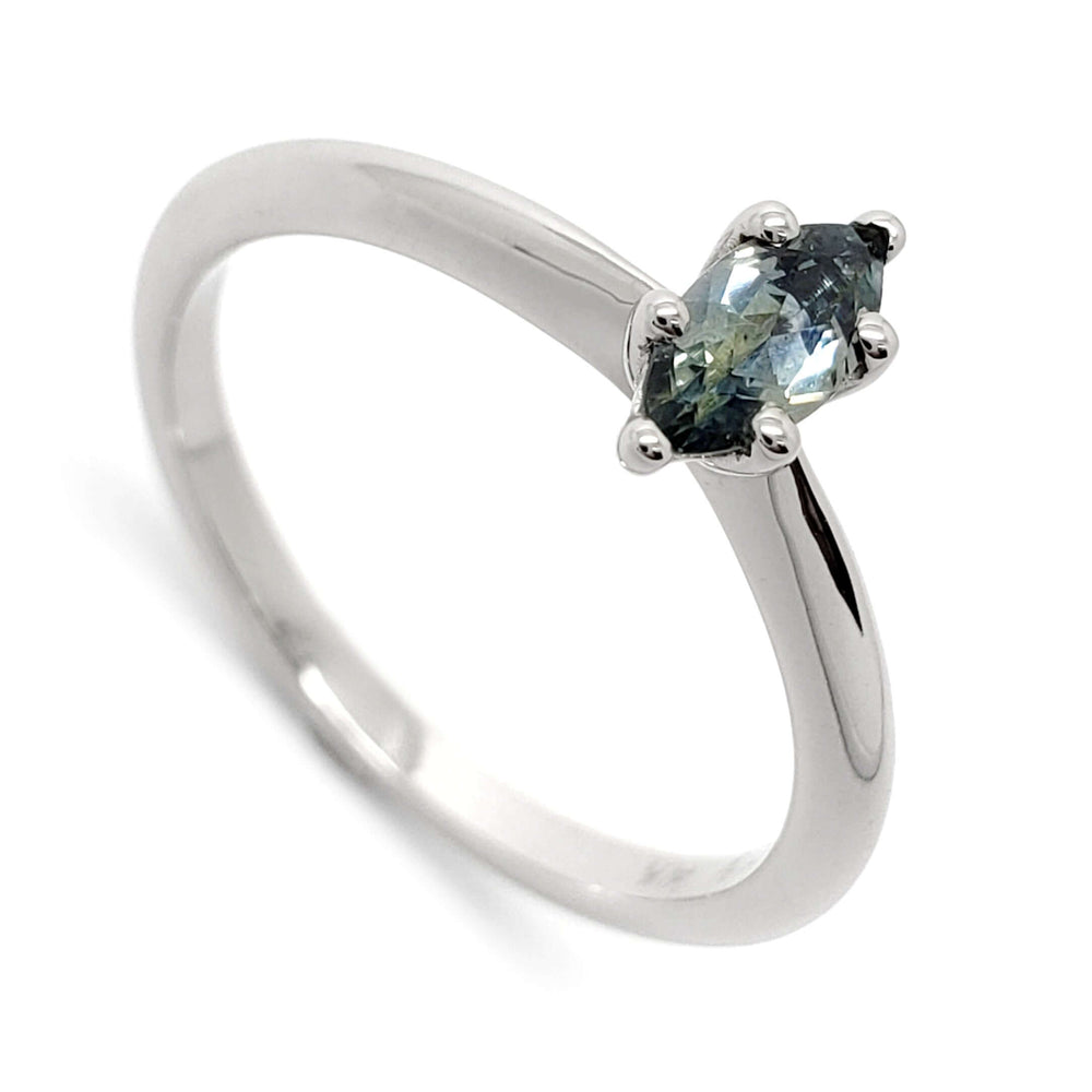 14kt white gold ring with marquise blue-green Montana sapphire in six-prong setting
