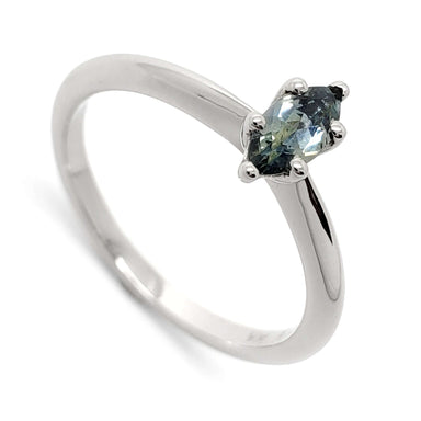 14kt white gold ring with marquise blue-green Montana sapphire in six-prong setting