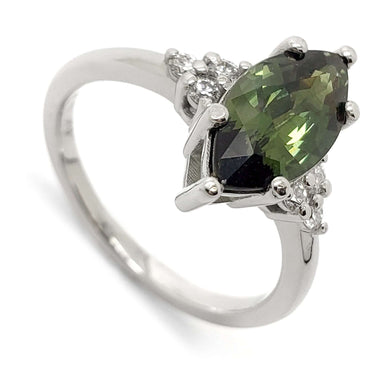 14kt white gold ring with marquise green sapphire and Canadian diamond accents