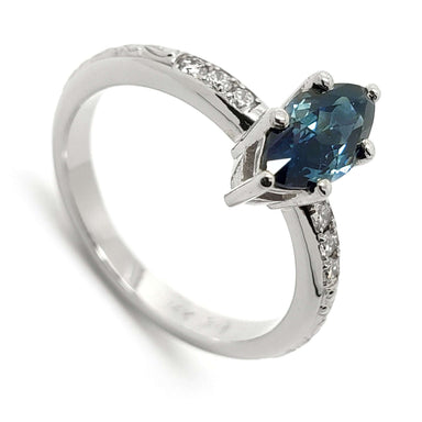 14kt white gold ring with marquise teal Australian sapphire and Canadian diamond accents