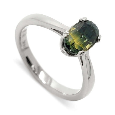 14kt white gold ring with oval bi-colour Australian sapphire in a basket setting