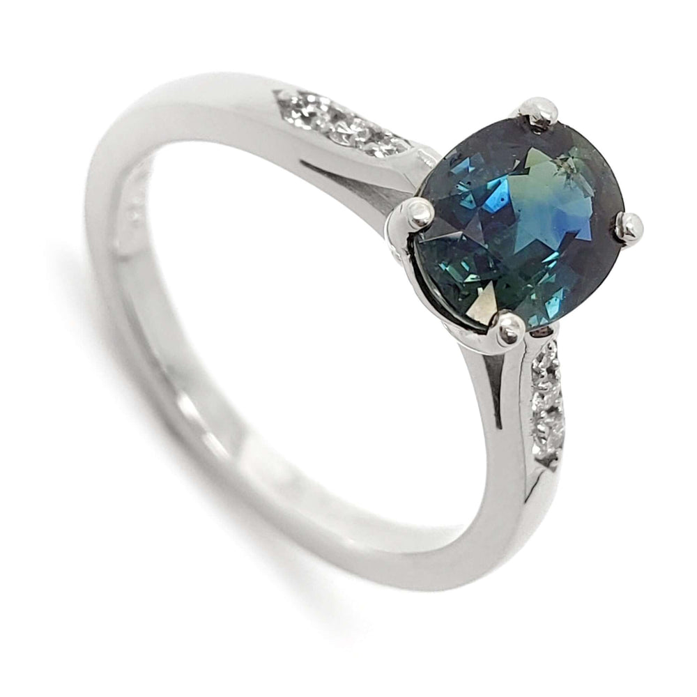 14kt white gold ring with oval blue-green Australian sapphire and pave lab diamonds
