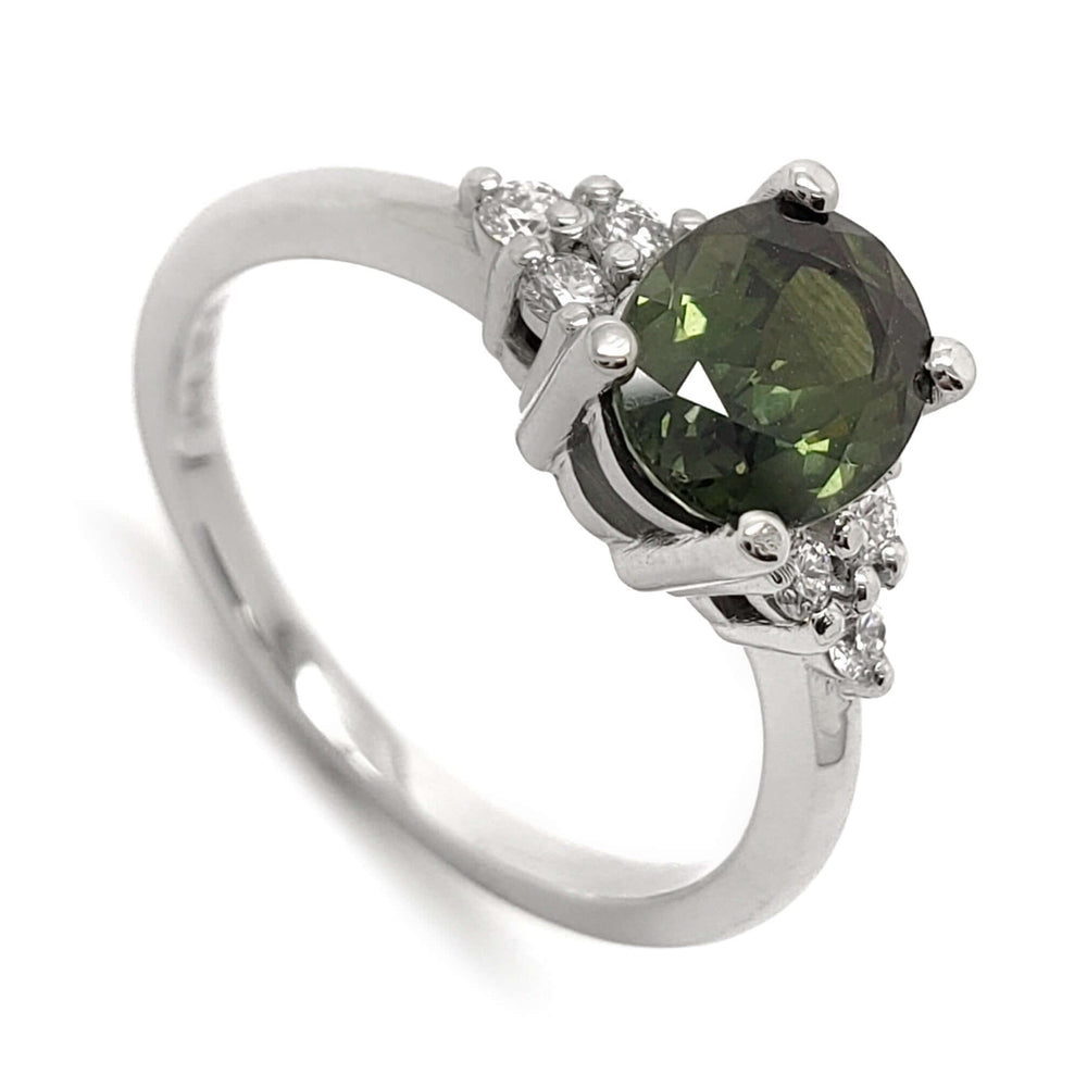 14kt white gold ring with oval green Australian sapphire and Canadian diamonds, angled view