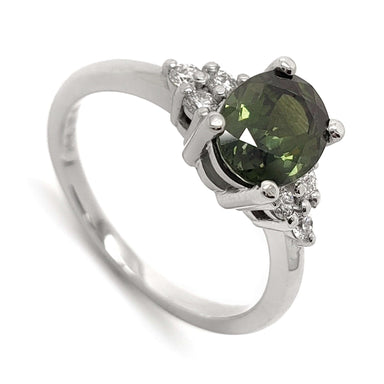14kt white gold ring with oval green Australian sapphire and Canadian diamonds, angled view