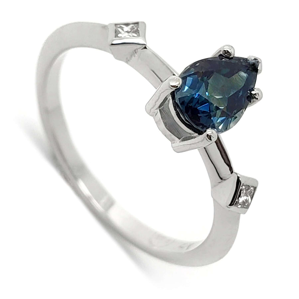 14kt white gold ring with pear-cut teal Australian sapphire and princess cut diamonds