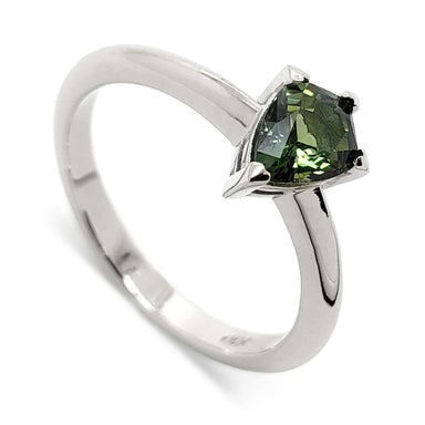 14kt white gold ring with shield cut deep green sapphire in V-prong setting