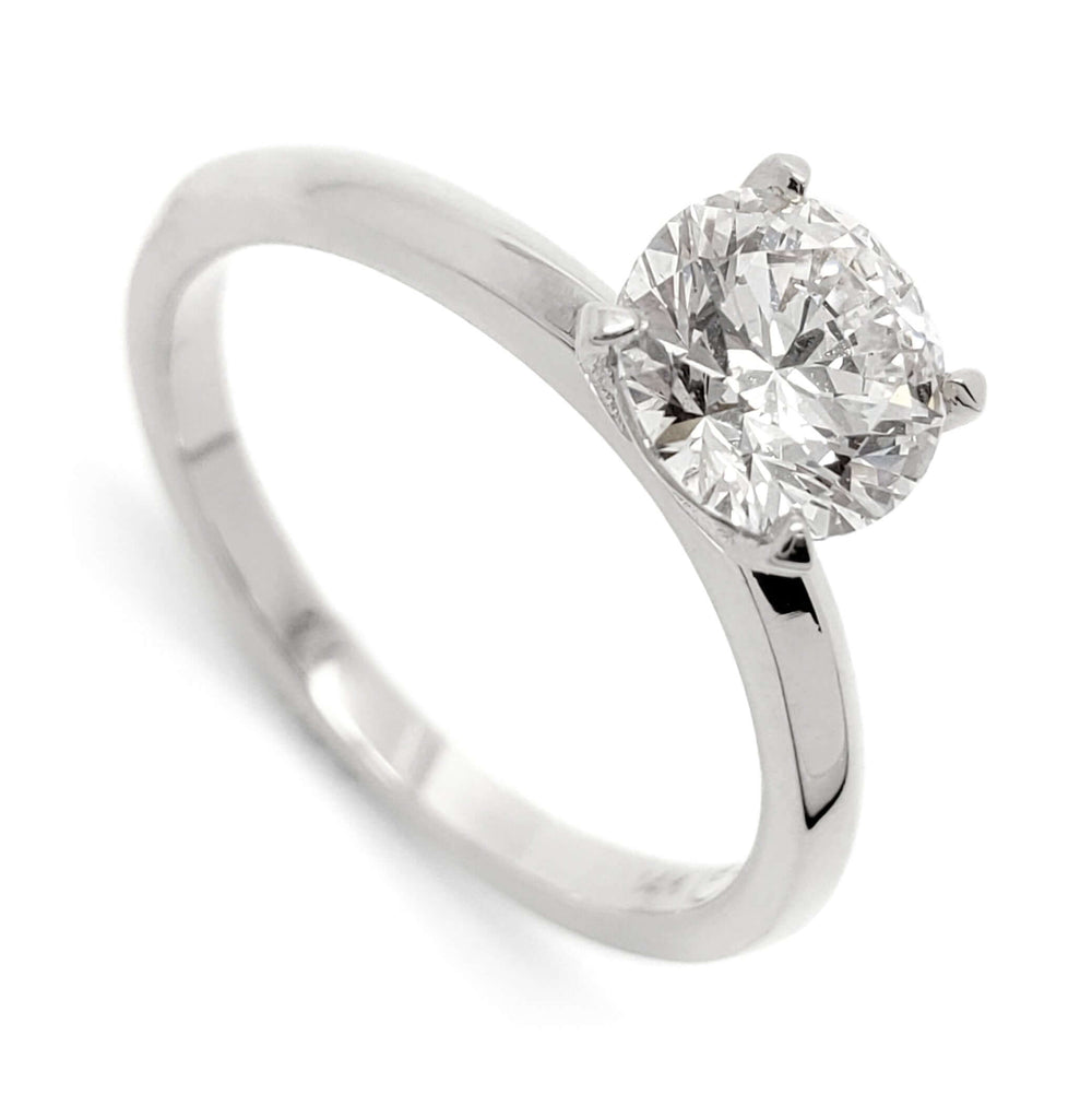 14kt white gold solitaire engagement ring with round lab-grown diamond, angled view