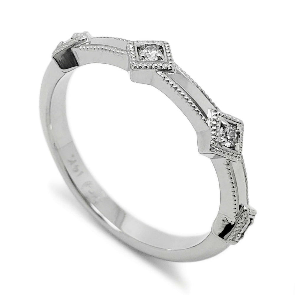 14kt white gold wedding band with square-set Canadian diamonds and millgrain detail