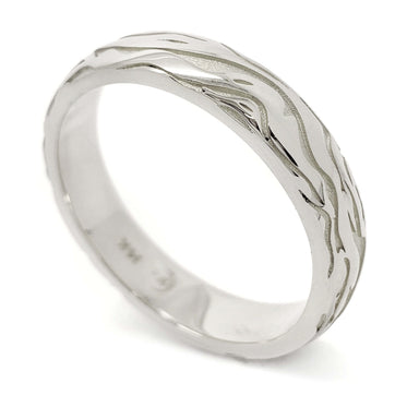 14kt white gold wedding ring with bark-inspired engraved texture
