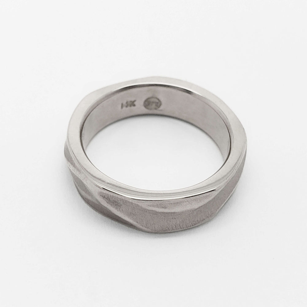 14kt white gold wedding ring with carved topography texture, top view