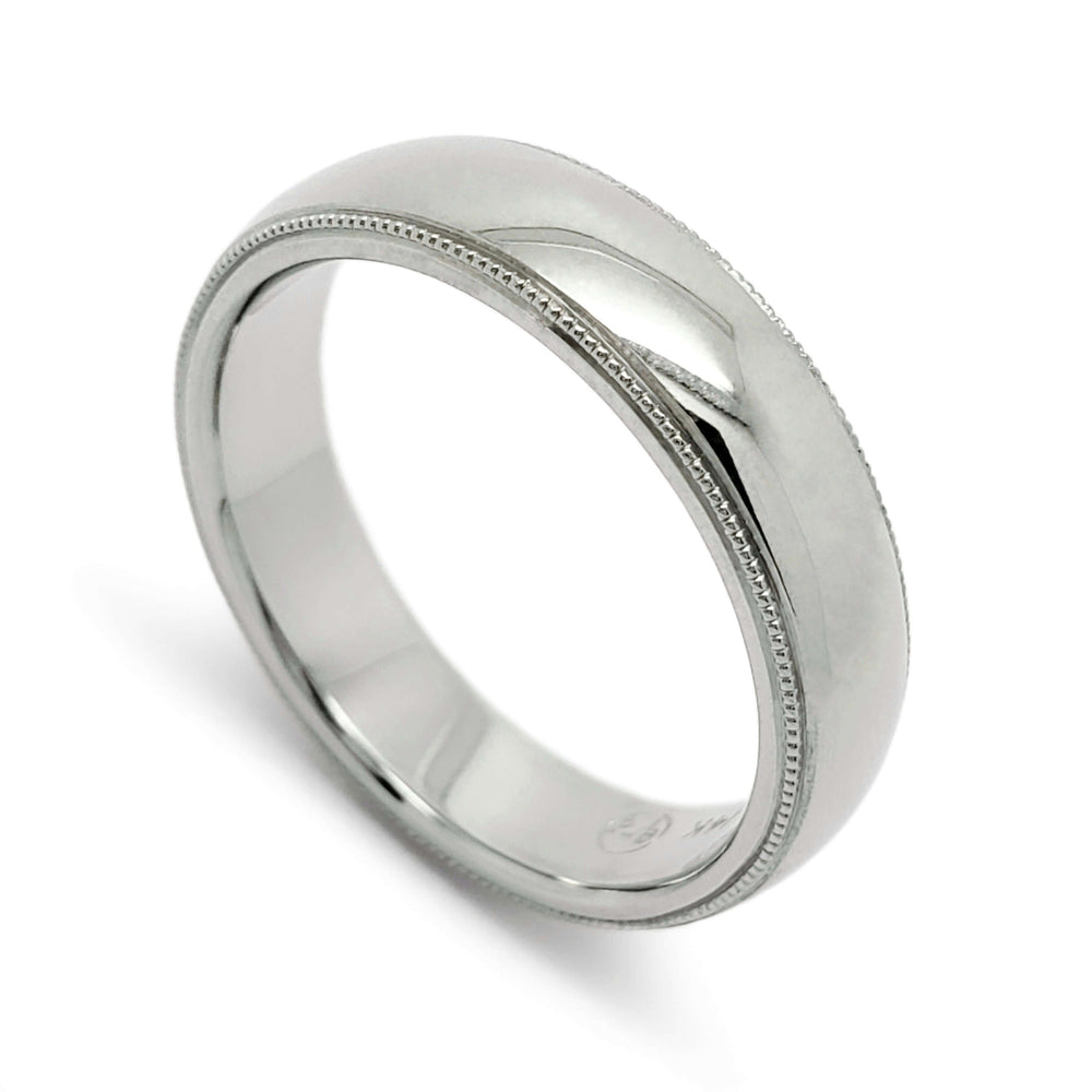 14kt white gold wedding ring with high polish and millgrain edge detail