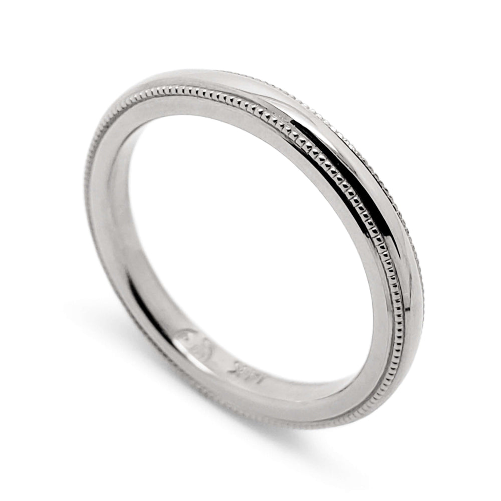 14kt white gold wedding ring with millgrain edge, handcrafted by Era Design