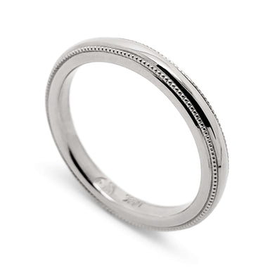 14kt white gold wedding ring with millgrain edge, handcrafted by Era Design