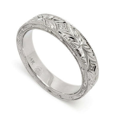 14kt white gold wedding ring with vintage-inspired hand engraving and Canadian diamonds
